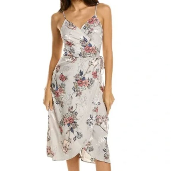 Love Stitch | Silver Gray Satin Wrap "Alma" Floral Midi Dress | Size Small - Picture 1 of 11